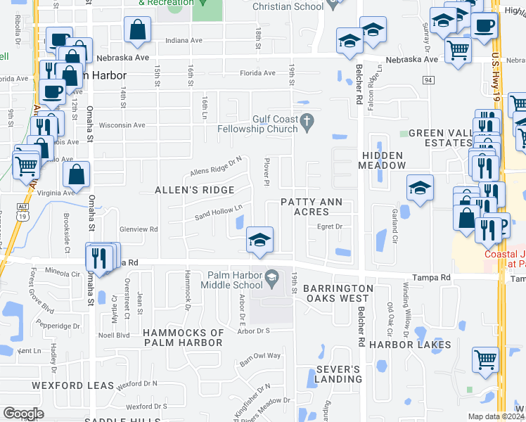 map of restaurants, bars, coffee shops, grocery stores, and more near 1840 Willow Oak Drive North in Palm Harbor