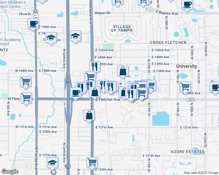 map of restaurants, bars, coffee shops, grocery stores, and more near 13650 North 12th Street in Tampa