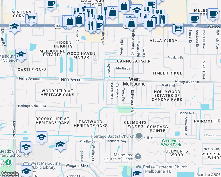 map of restaurants, bars, coffee shops, grocery stores, and more near 520 Edward Road in Melbourne