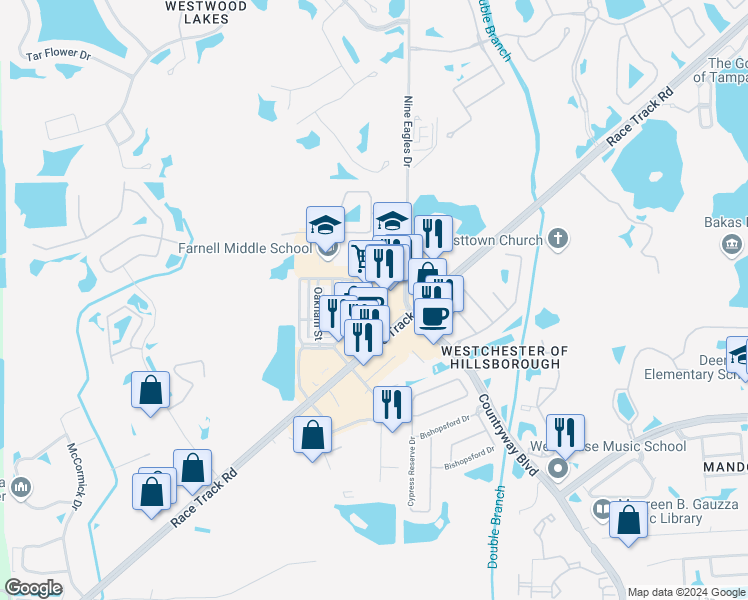 map of restaurants, bars, coffee shops, grocery stores, and more near 13016 Race Track Road in Tampa