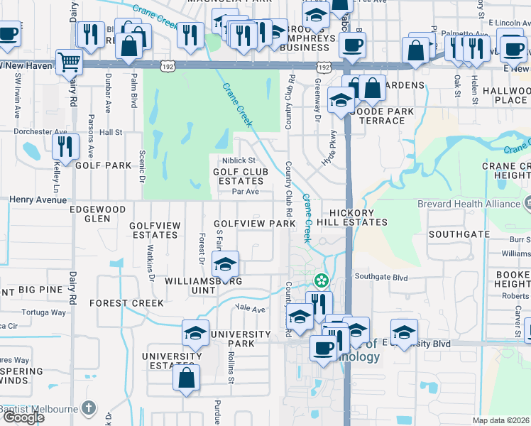 map of restaurants, bars, coffee shops, grocery stores, and more near 2509 Pinehurst Circle in Melbourne