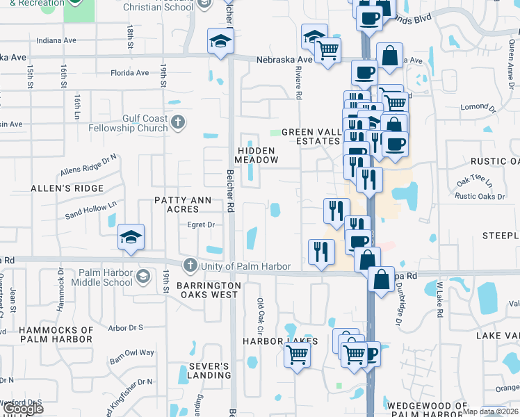 map of restaurants, bars, coffee shops, grocery stores, and more near 156 Garland Circle in Palm Harbor