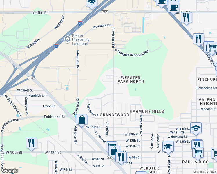 map of restaurants, bars, coffee shops, grocery stores, and more near 1912 Providence Road in Lakeland