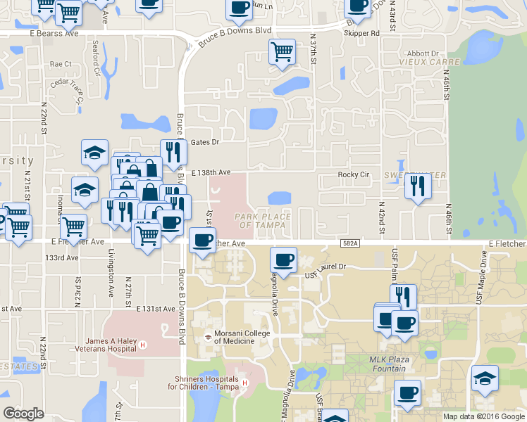 map of restaurants, bars, coffee shops, grocery stores, and more near 3436 Park Square North in Tampa