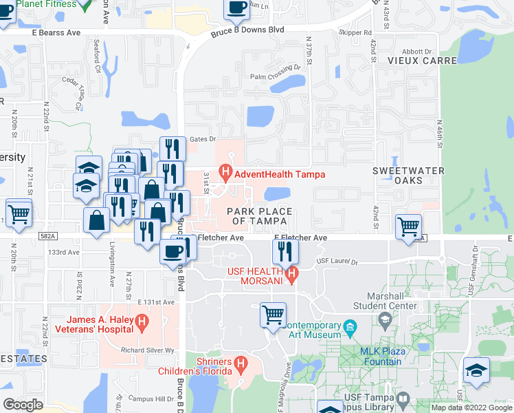 map of restaurants, bars, coffee shops, grocery stores, and more near Unnamed Road in Tampa