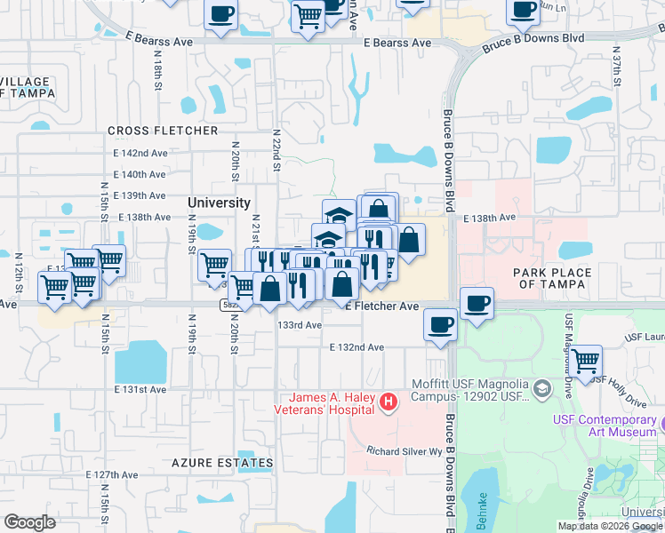 map of restaurants, bars, coffee shops, grocery stores, and more near 13609 North 22nd Street in Tampa