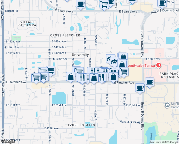 map of restaurants, bars, coffee shops, grocery stores, and more near 13612 North 21st Street in Tampa