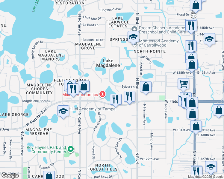 map of restaurants, bars, coffee shops, grocery stores, and more near 1012 Sylvia Lane in Tampa