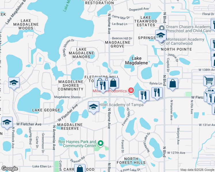 map of restaurants, bars, coffee shops, grocery stores, and more near 1712 Mill Run Circle in Tampa