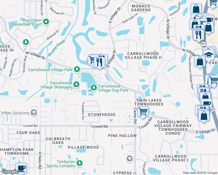 map of restaurants, bars, coffee shops, grocery stores, and more near 13608 South Village Drive in Tampa
