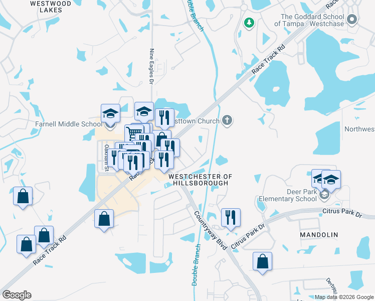 map of restaurants, bars, coffee shops, grocery stores, and more near 12036 Mountbatten Drive in Tampa