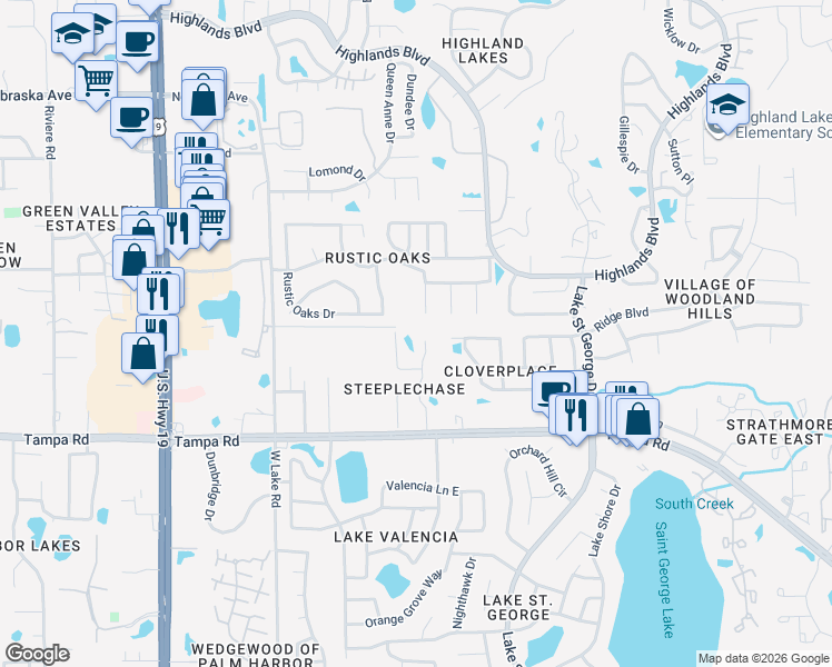 map of restaurants, bars, coffee shops, grocery stores, and more near 372 Steeplechase Lane in Palm Harbor