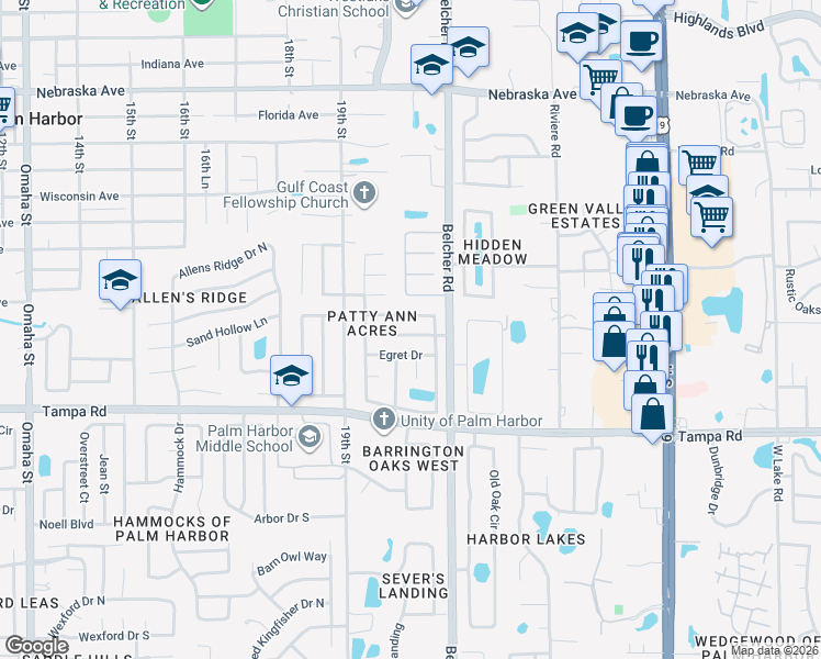 map of restaurants, bars, coffee shops, grocery stores, and more near 2040 Cormorant Drive in Palm Harbor