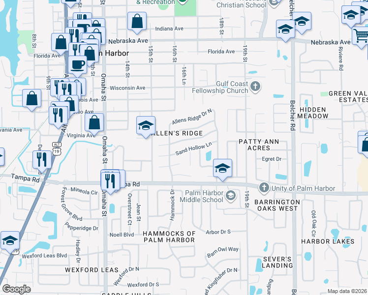 map of restaurants, bars, coffee shops, grocery stores, and more near 1659 Sand Hollow Lane in Palm Harbor