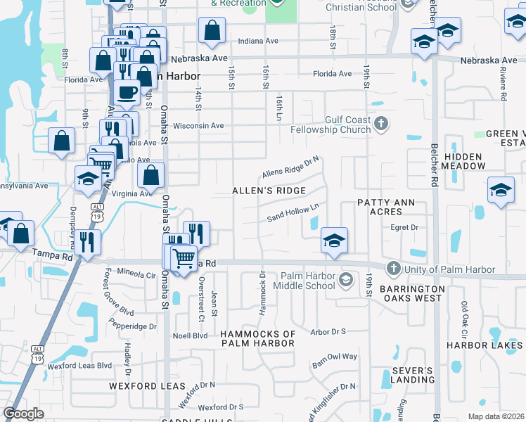 map of restaurants, bars, coffee shops, grocery stores, and more near 1584 Powder Ridge Drive in Palm Harbor