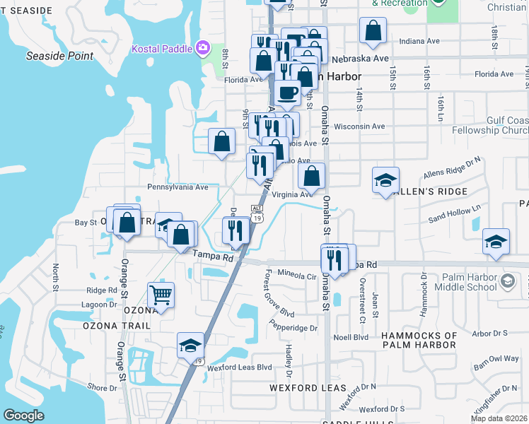 map of restaurants, bars, coffee shops, grocery stores, and more near in Palm Harbor