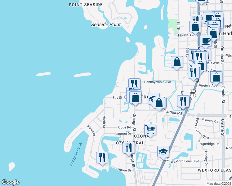 map of restaurants, bars, coffee shops, grocery stores, and more near 301 Banana Street in Palm Harbor