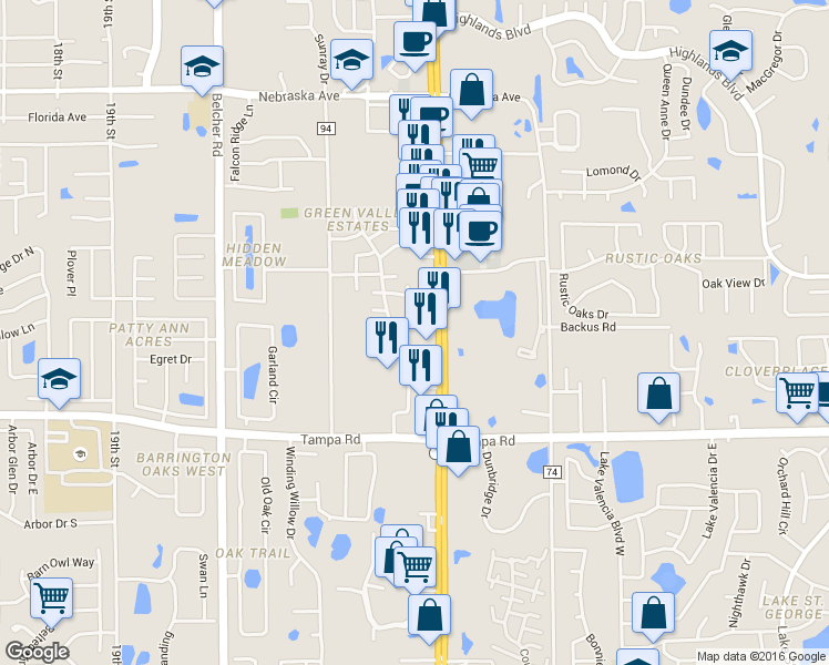 map of restaurants, bars, coffee shops, grocery stores, and more near 32922 U.S. 19 in Palm Harbor