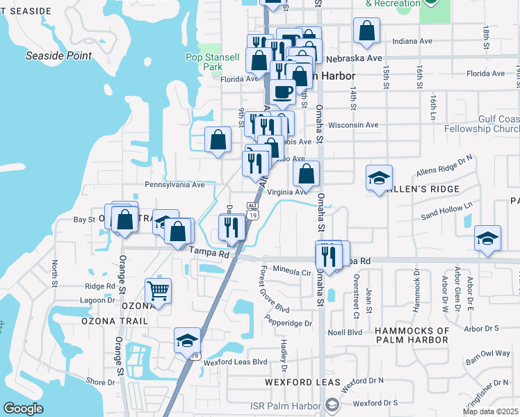 map of restaurants, bars, coffee shops, grocery stores, and more near 455 Alt 19 in Palm Harbor