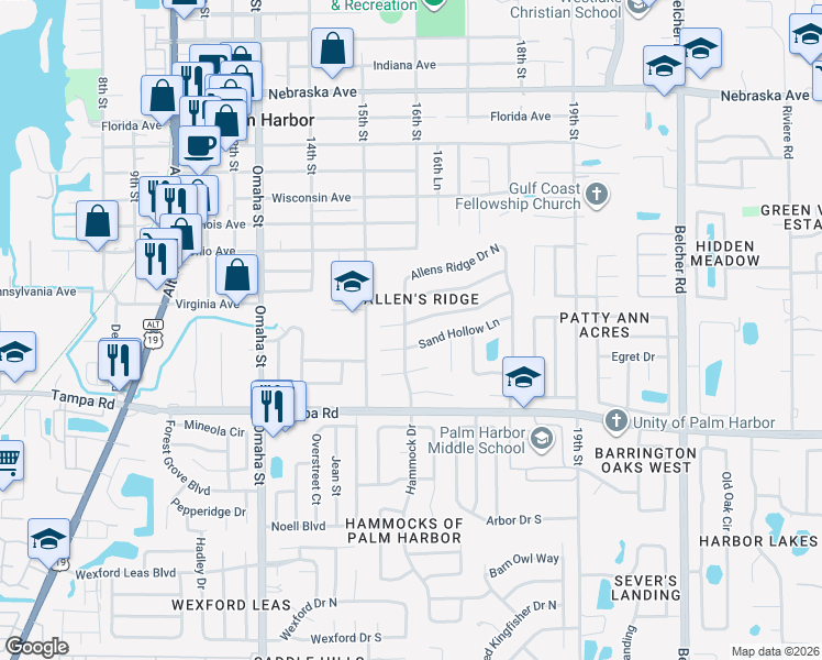map of restaurants, bars, coffee shops, grocery stores, and more near 1584 Powder Ridge Drive in Palm Harbor