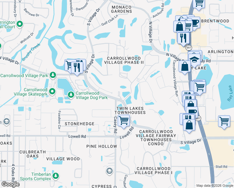 map of restaurants, bars, coffee shops, grocery stores, and more near 13804 Mill Cove Circle in Tampa
