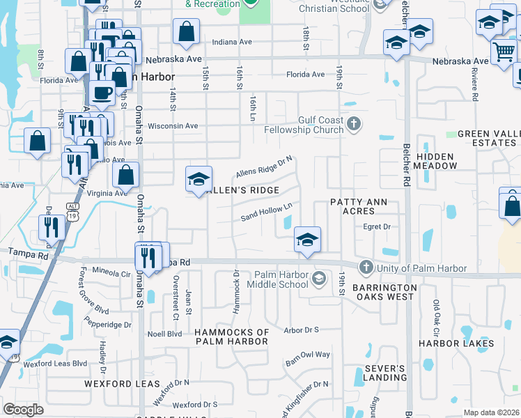 map of restaurants, bars, coffee shops, grocery stores, and more near 1659 Sand Hollow Lane in Palm Harbor