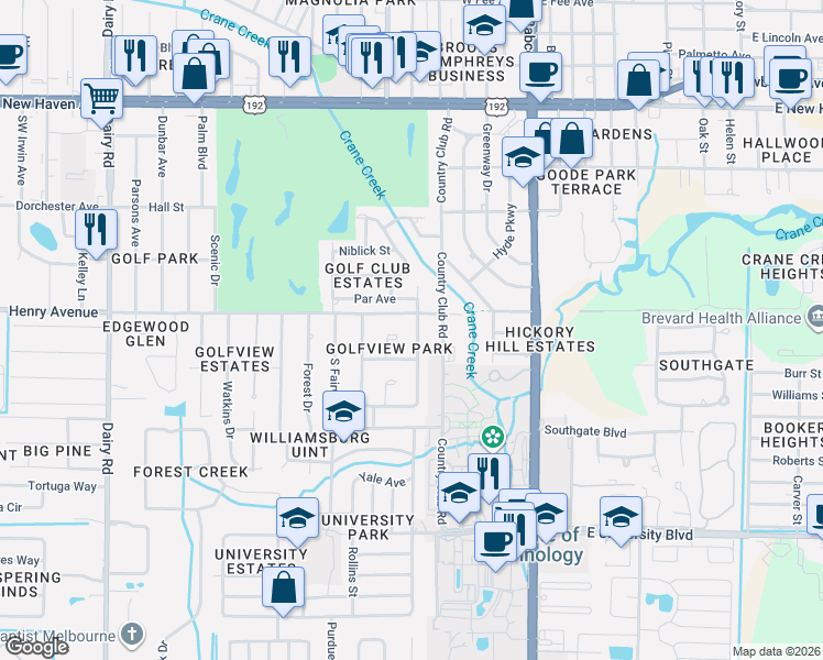 map of restaurants, bars, coffee shops, grocery stores, and more near 2509 Pinehurst Circle in Melbourne