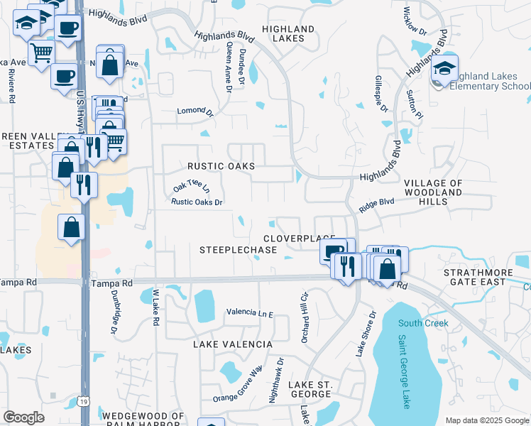 map of restaurants, bars, coffee shops, grocery stores, and more near 3125 Phlox Drive in Palm Harbor