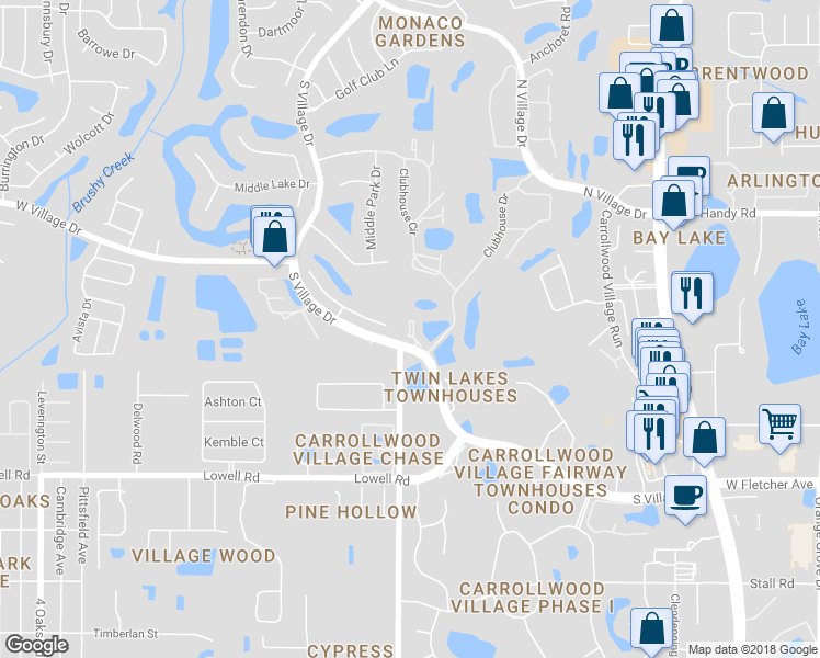 map of restaurants, bars, coffee shops, grocery stores, and more near 13801 Mill Cove Circle in Tampa