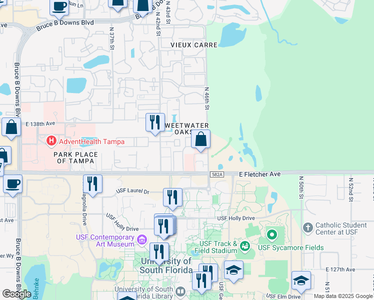 map of restaurants, bars, coffee shops, grocery stores, and more near 13612 Avalon Heights Boulevard in Tampa