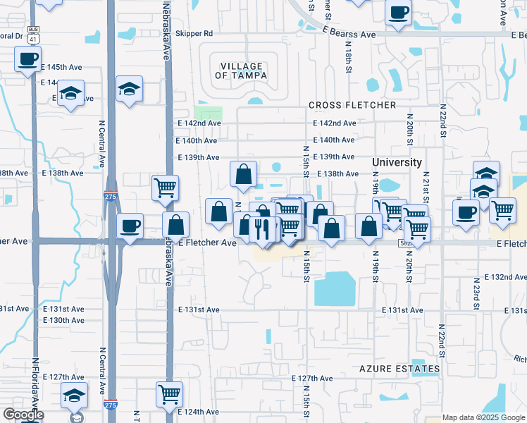 map of restaurants, bars, coffee shops, grocery stores, and more near 1302 East 137th Avenue in Tampa
