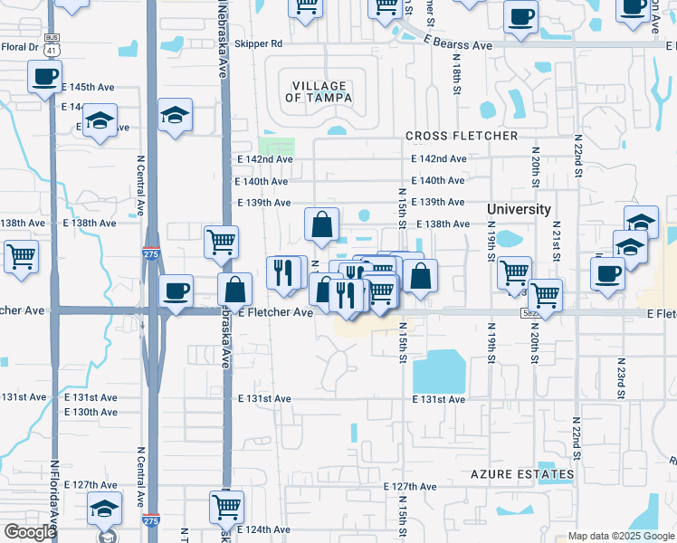 map of restaurants, bars, coffee shops, grocery stores, and more near 1302 East 137th Avenue in Tampa