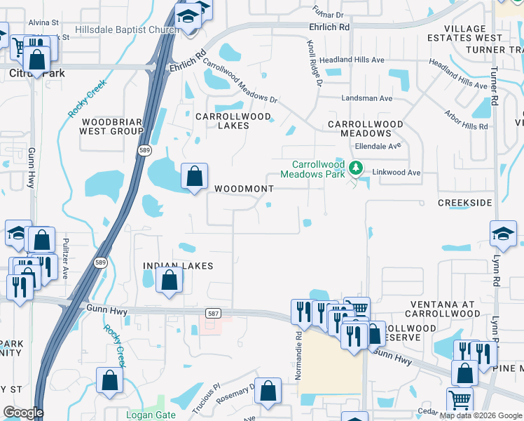map of restaurants, bars, coffee shops, grocery stores, and more near 13711 Whitebark Place in Tampa
