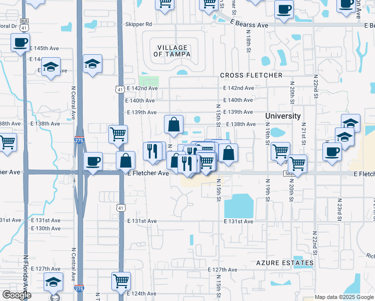 map of restaurants, bars, coffee shops, grocery stores, and more near 1302 East 137th Avenue in Tampa