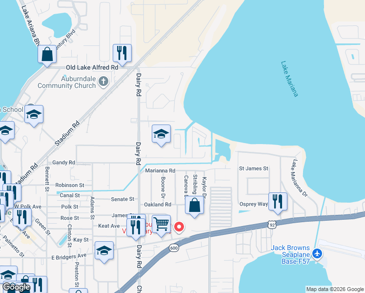 map of restaurants, bars, coffee shops, grocery stores, and more near 113 Jana Circle in Auburndale