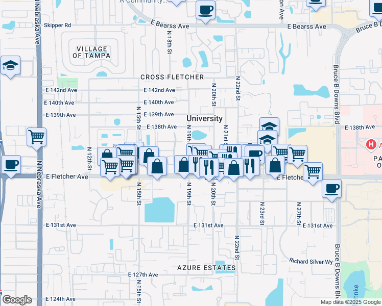 map of restaurants, bars, coffee shops, grocery stores, and more near 13613 North 19th Street in Tampa