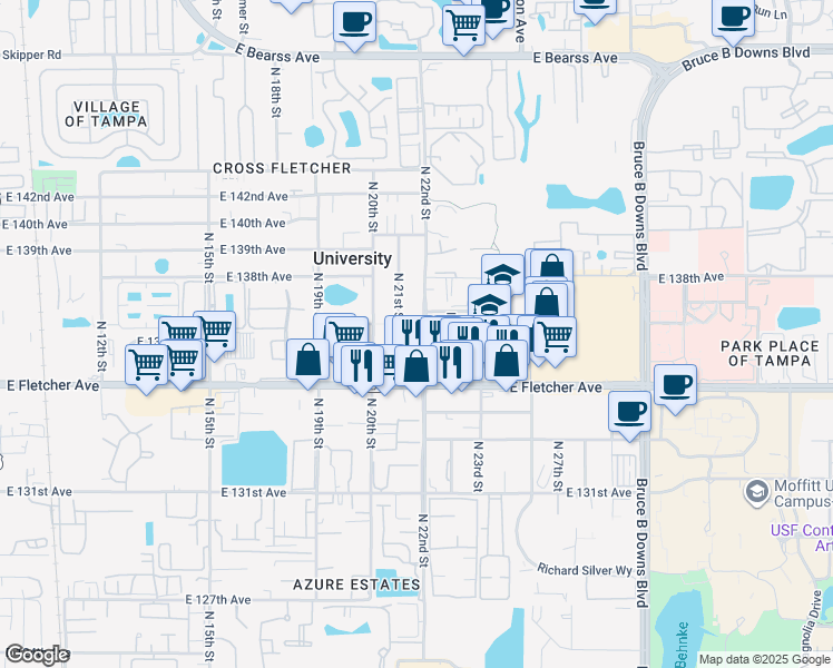 map of restaurants, bars, coffee shops, grocery stores, and more near 13612 North 21st Street in Tampa