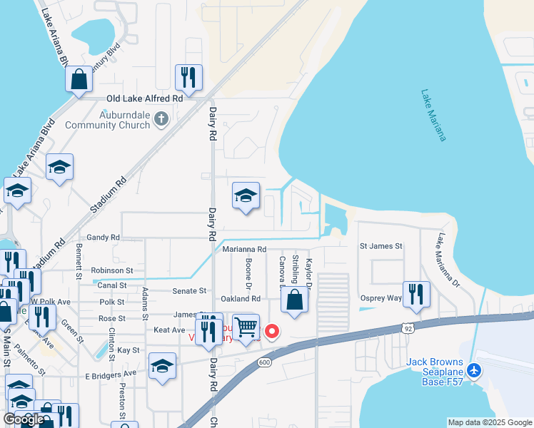 map of restaurants, bars, coffee shops, grocery stores, and more near 148 Jana Circle in Auburndale