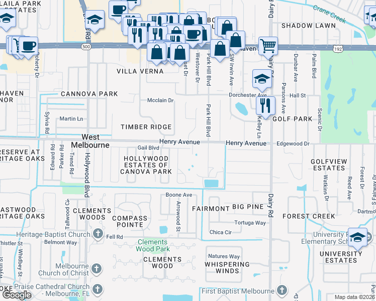 map of restaurants, bars, coffee shops, grocery stores, and more near 3803 Gail Boulevard in Melbourne
