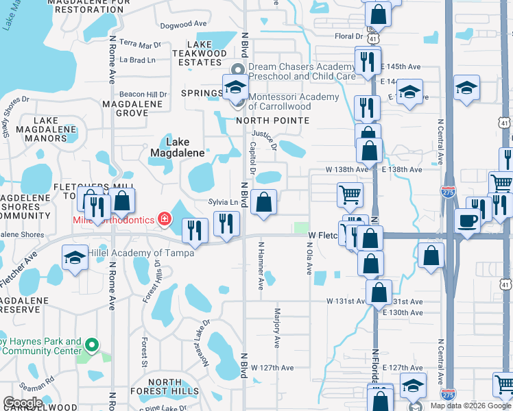 map of restaurants, bars, coffee shops, grocery stores, and more near 820 Proclamation Drive in Tampa