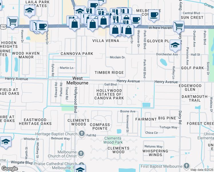 map of restaurants, bars, coffee shops, grocery stores, and more near 4401 Gail Boulevard in Melbourne