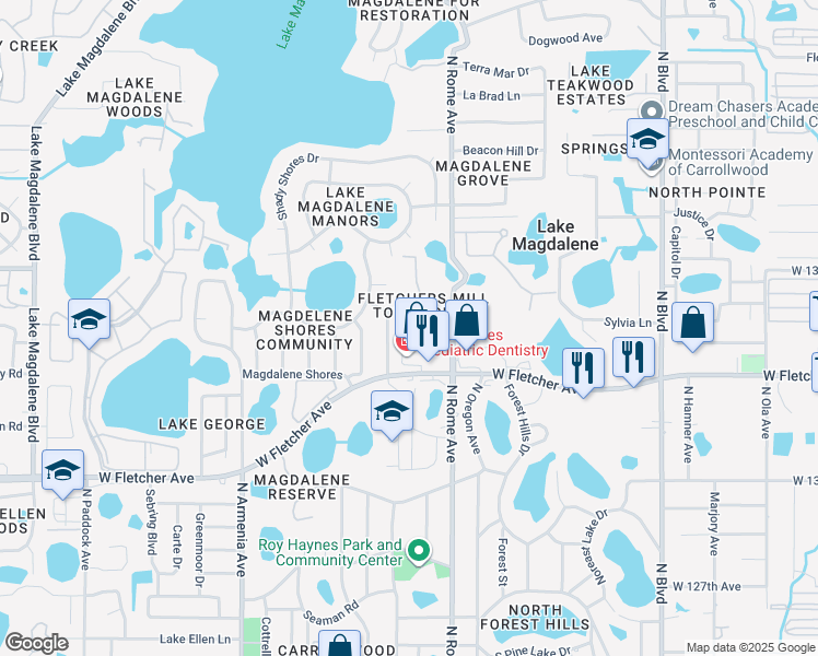 map of restaurants, bars, coffee shops, grocery stores, and more near 1801 Mill Run Circle in Tampa
