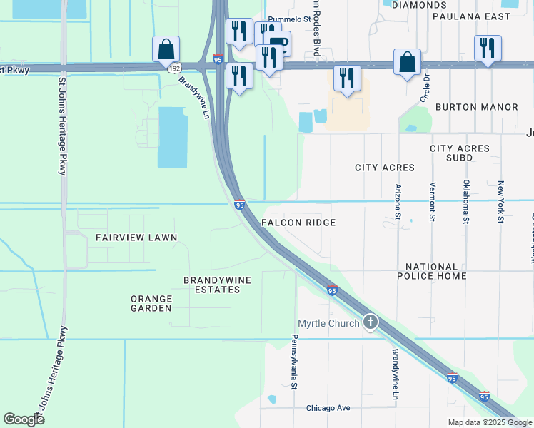 map of restaurants, bars, coffee shops, grocery stores, and more near 2143 Merlin Drive in Melbourne