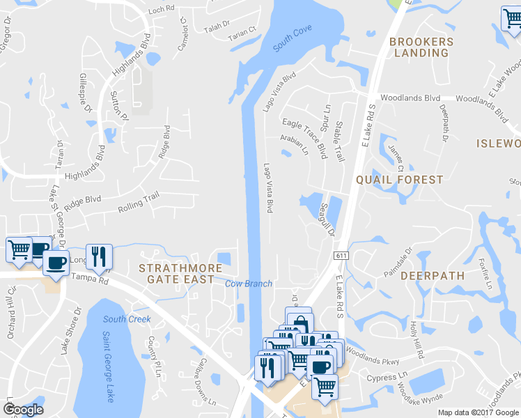 map of restaurants, bars, coffee shops, grocery stores, and more near 1598 Lago Vista Boulevard in Palm Harbor