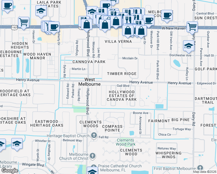 map of restaurants, bars, coffee shops, grocery stores, and more near 4603 Gail Boulevard in Melbourne