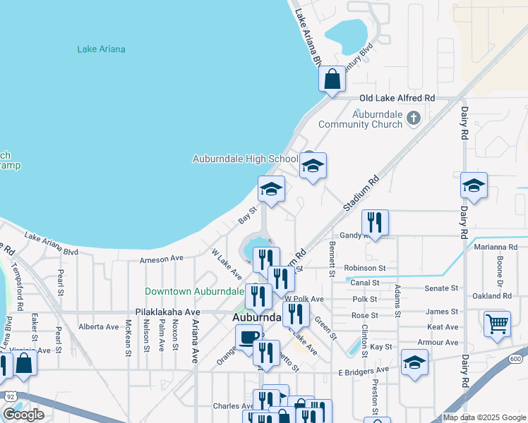 map of restaurants, bars, coffee shops, grocery stores, and more near 226 North Bartow Avenue in Auburndale