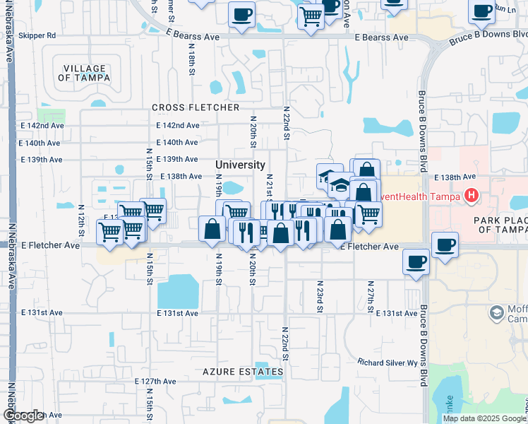 map of restaurants, bars, coffee shops, grocery stores, and more near 13612 North 21st Street in Tampa