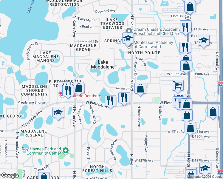 map of restaurants, bars, coffee shops, grocery stores, and more near 1004 Sylvia Lane in Tampa