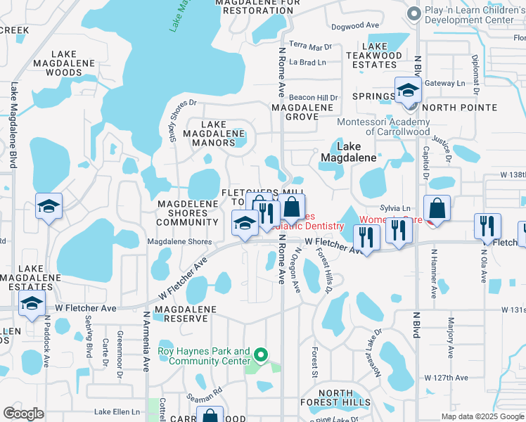 map of restaurants, bars, coffee shops, grocery stores, and more near 1801 Mill Run Circle in Tampa