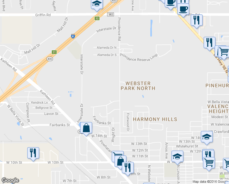 map of restaurants, bars, coffee shops, grocery stores, and more near 1912 Providence Road in Lakeland
